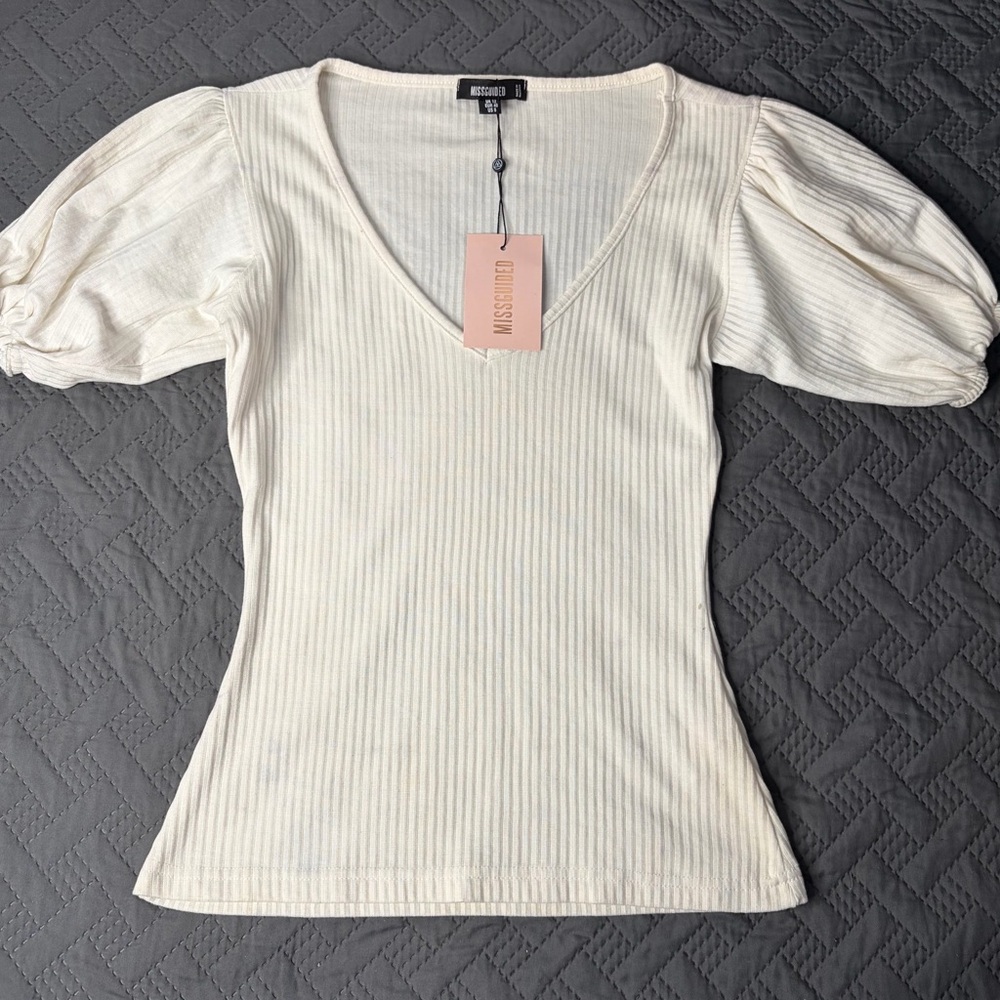 Missguided Cream Ribbed Puff Sleeve Top